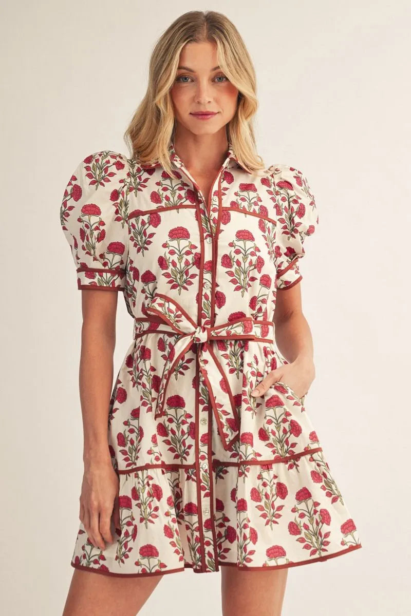 Petals & Promises Floral Print Collared Mini Dress with Puff Sleeves