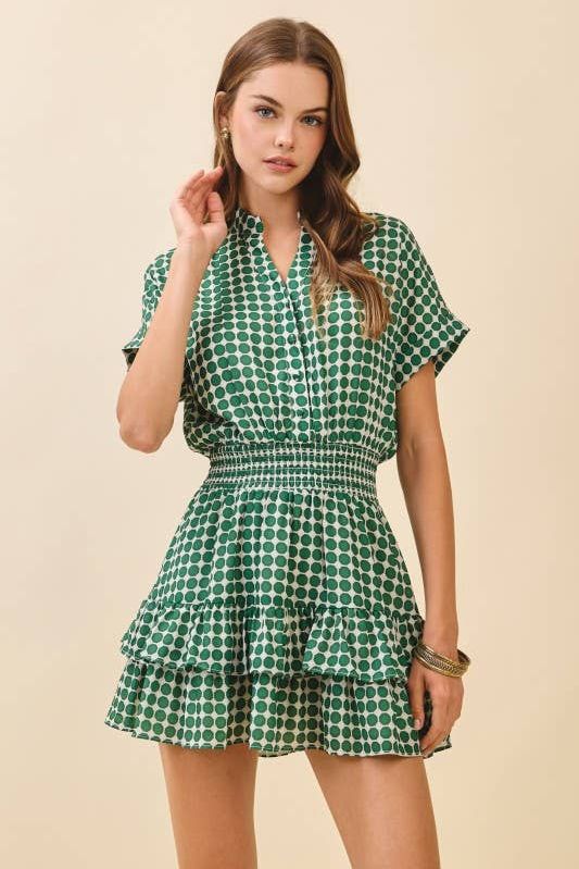 CD05991-Geometric Dot Print Short Cuffed Sleeves Dress
