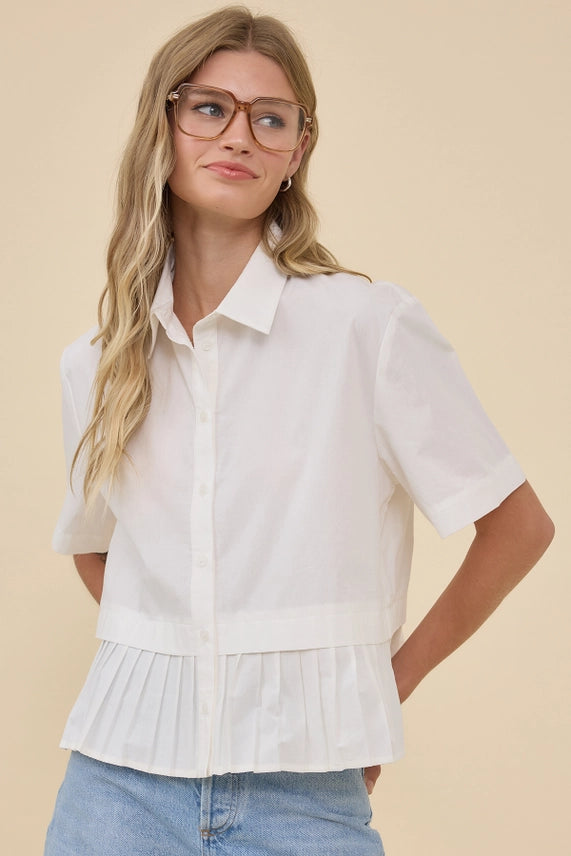 No Questions Asked White Button Front Peplum Top with Pleated Hem and Collared Neckline