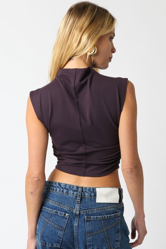 Cool Girl Mock Neck Ruched Sleeveless Crop Top with Side Ruching