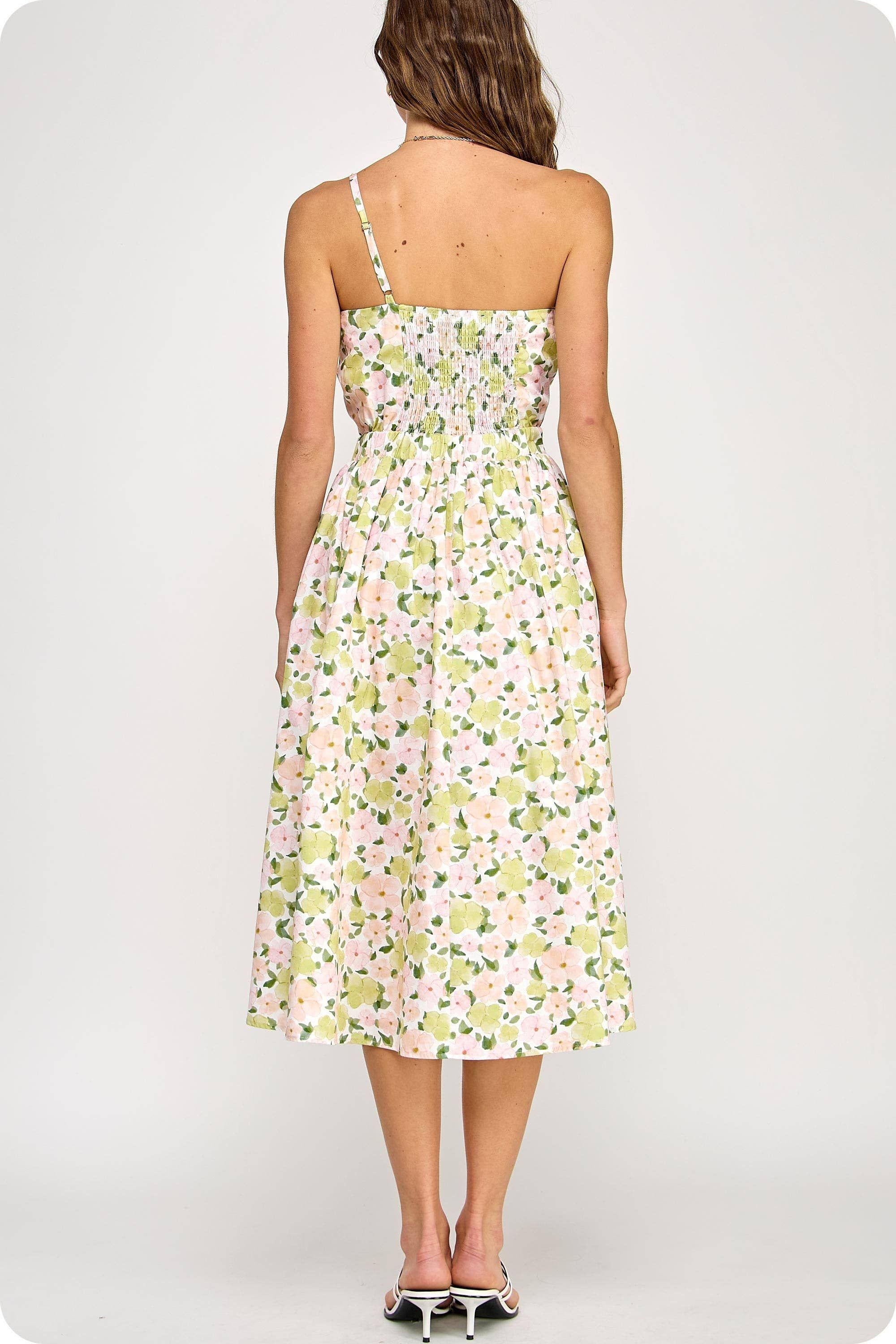 Knotted Flower Bow Floral Print Midi Dress