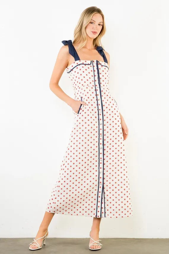 Strawberry Spritz Polka Dot Maxi Dress with Tie Shoulder Straps