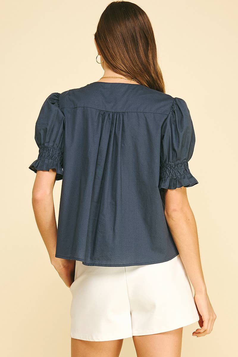 Polished & Pretty Puff Sleeve Button Front Blouse with Pintuck Detail and V-Neckline