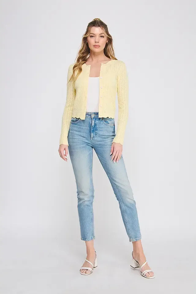 Soft Girl Pointelle Knit Cropped Cardigan with Scalloped Hem