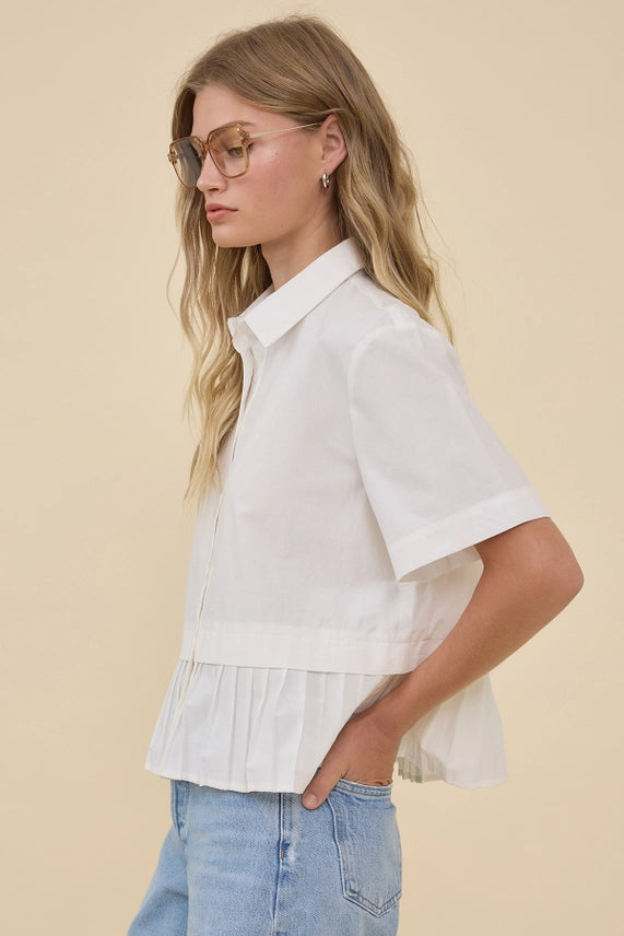 No Questions Asked White Button Front Peplum Top with Pleated Hem and Collared Neckline