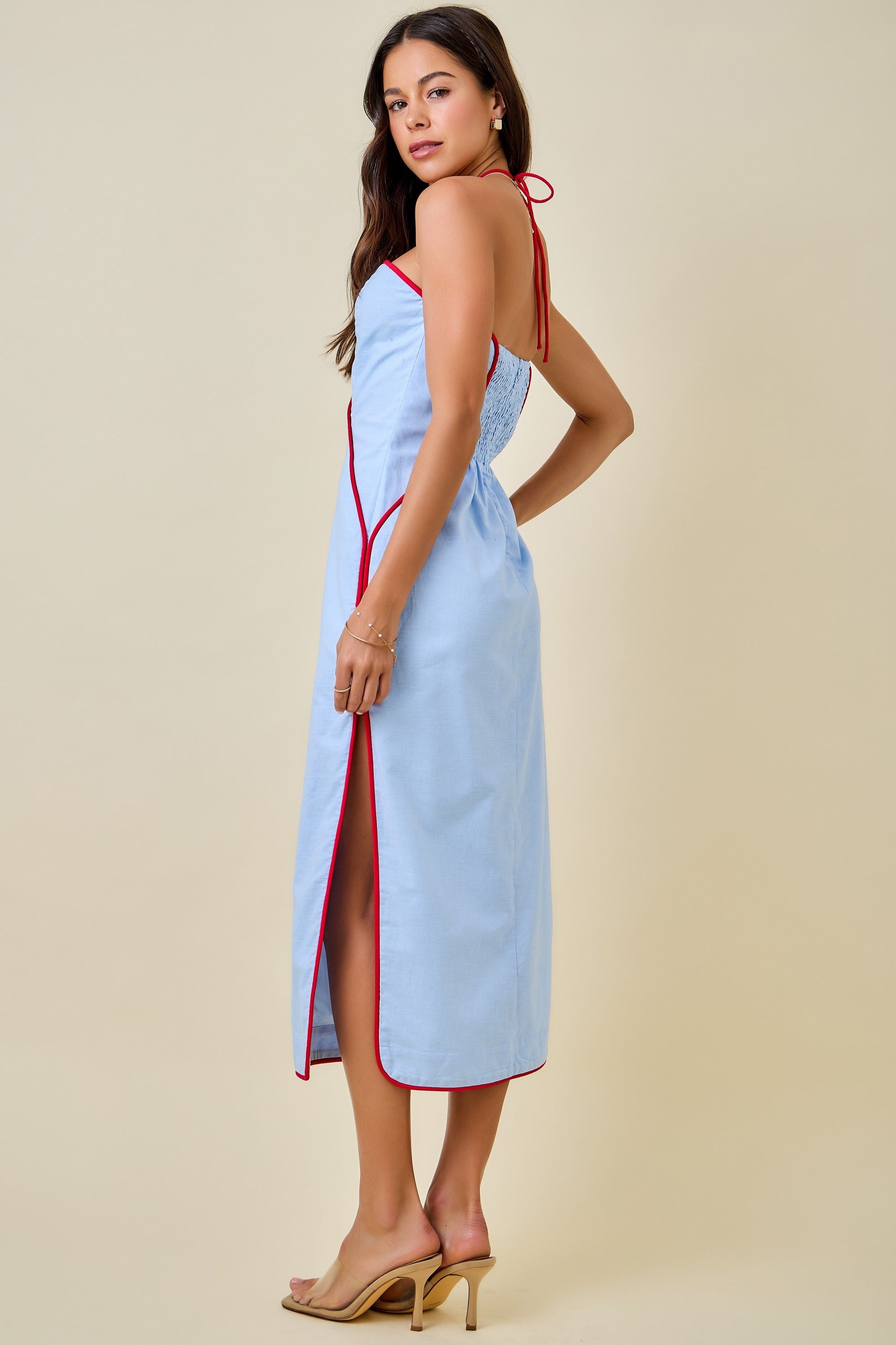 Head Turner Light Blue Midi Dress with Red Contrast Trim and Side Slit