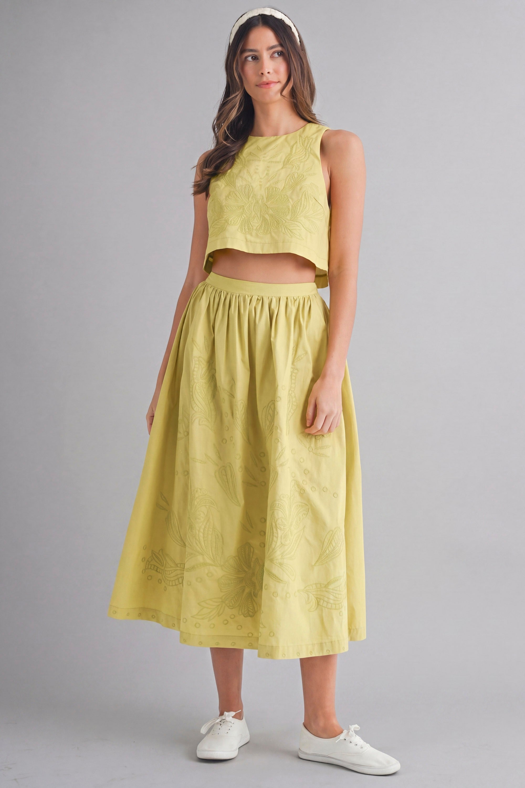 Refined Bloom Embroidered Crop Top and Midi Skirt Two Piece Set