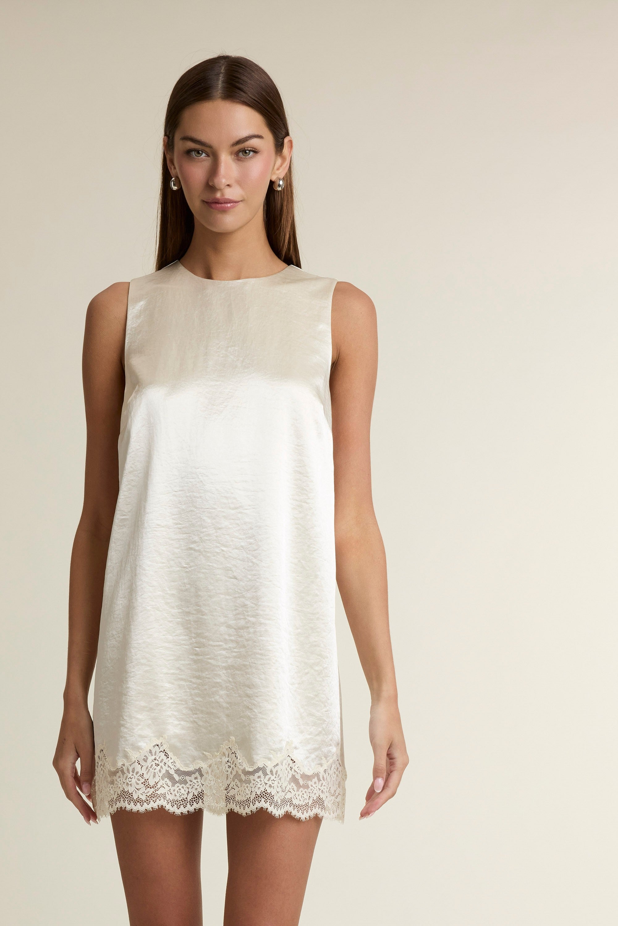 Satin & Sweet Satin Sleeveless Shift Mini Dress with Lace Hem