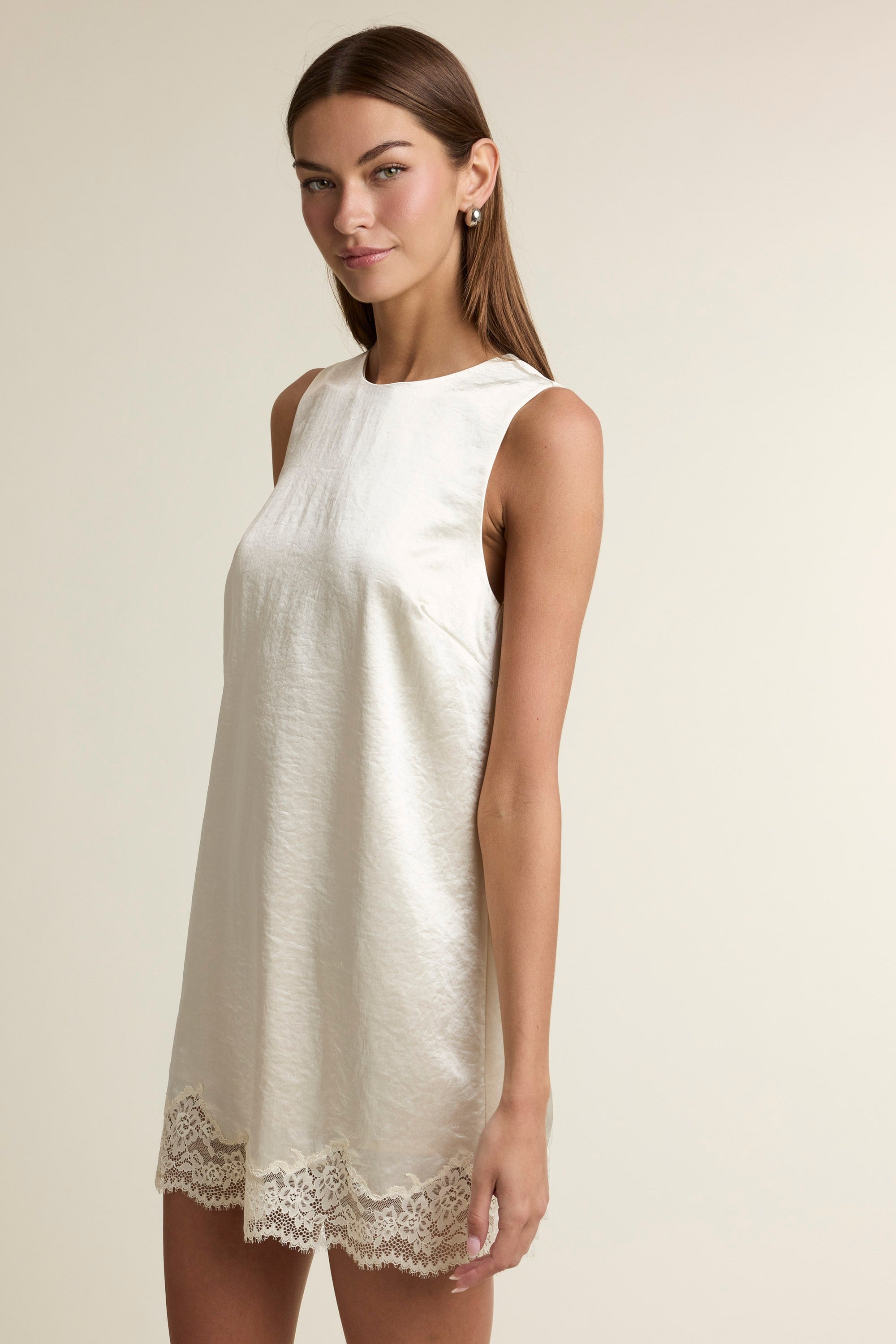 Satin & Sweet Satin Sleeveless Shift Mini Dress with Lace Hem