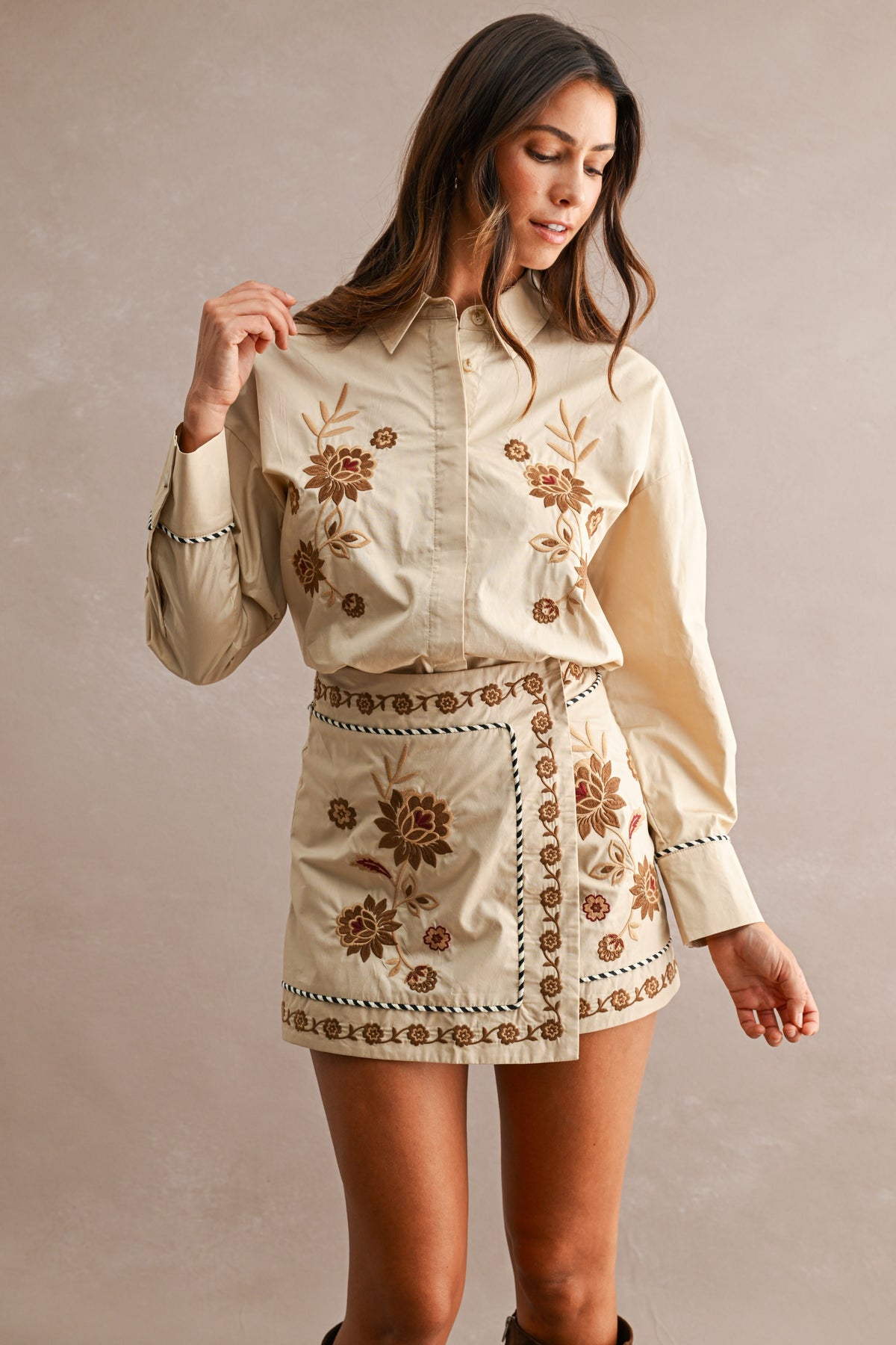 Stitched & Smitten Floral Embroidered Button-Up Shirt & Wrap Mini Skirt Set