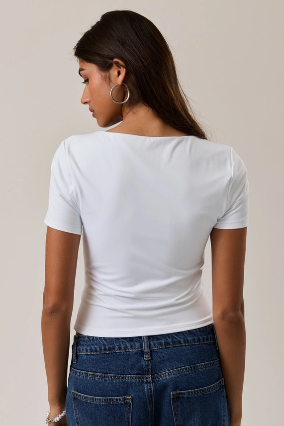 Easy Yes White Square Neck Fitted Short Sleeve Top