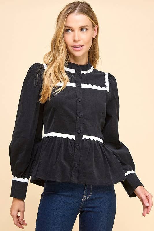 Corduroy Scallop Detail Button Up Top