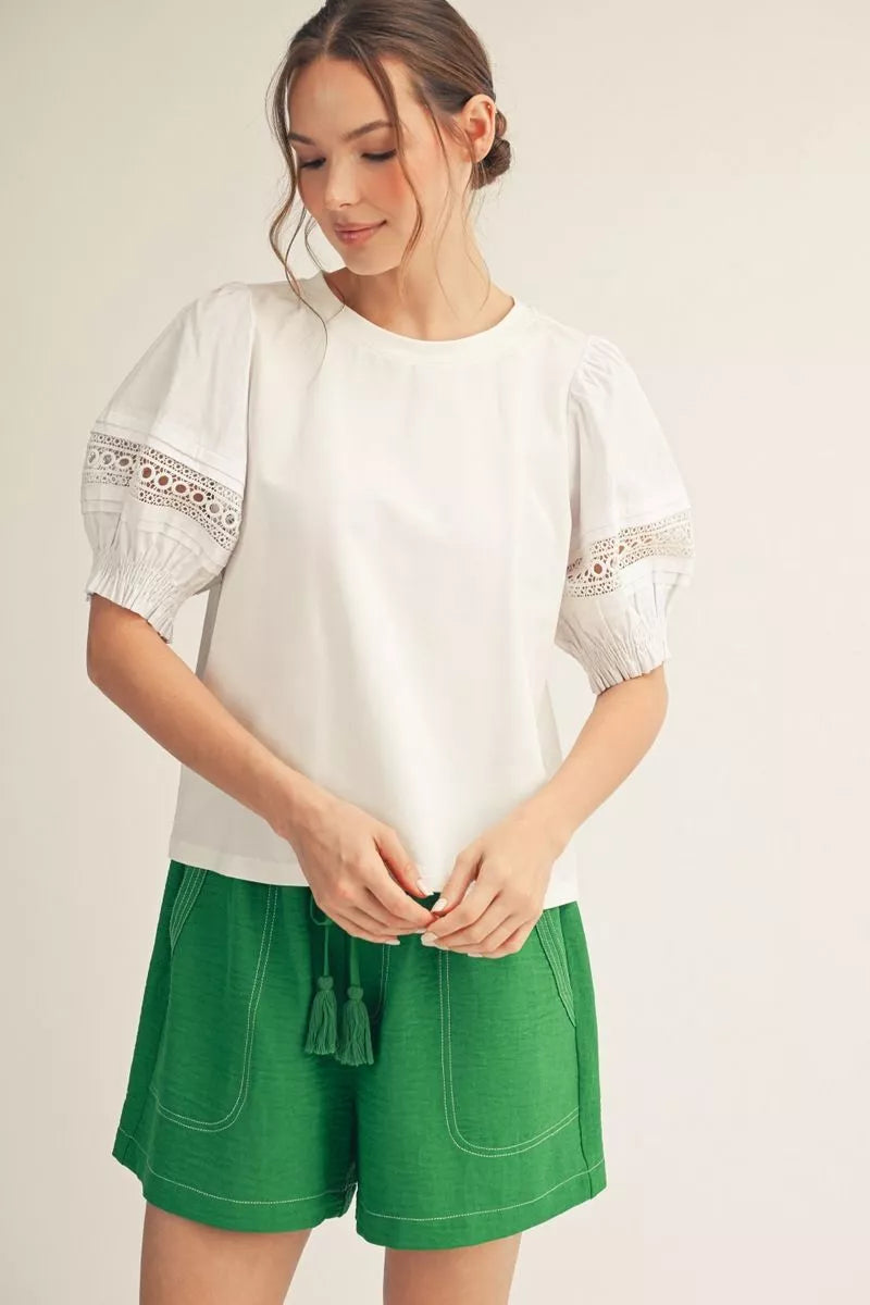 Good Taste Puff Sleeve Top with Crochet Lace Detail