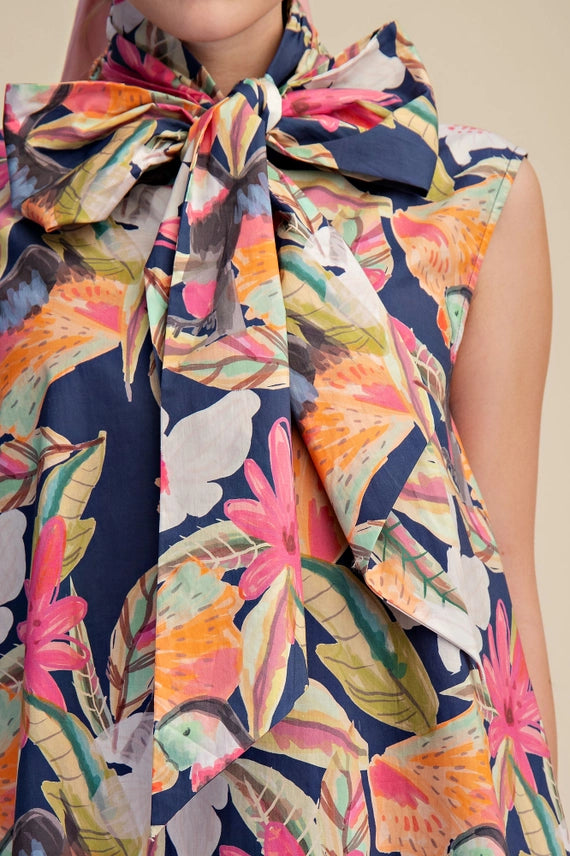 Paradise Found Tropical Print Swing Dress with Bow Neck Detail and Pockets
