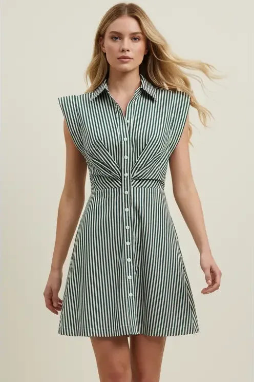 Stripe It Striped Button Front Mini Dress with Collared Neckline and Tailored Waist