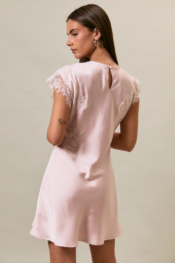 Blush & Lace Blush Pink Satin Mini Dress with Lace Cap Sleeves