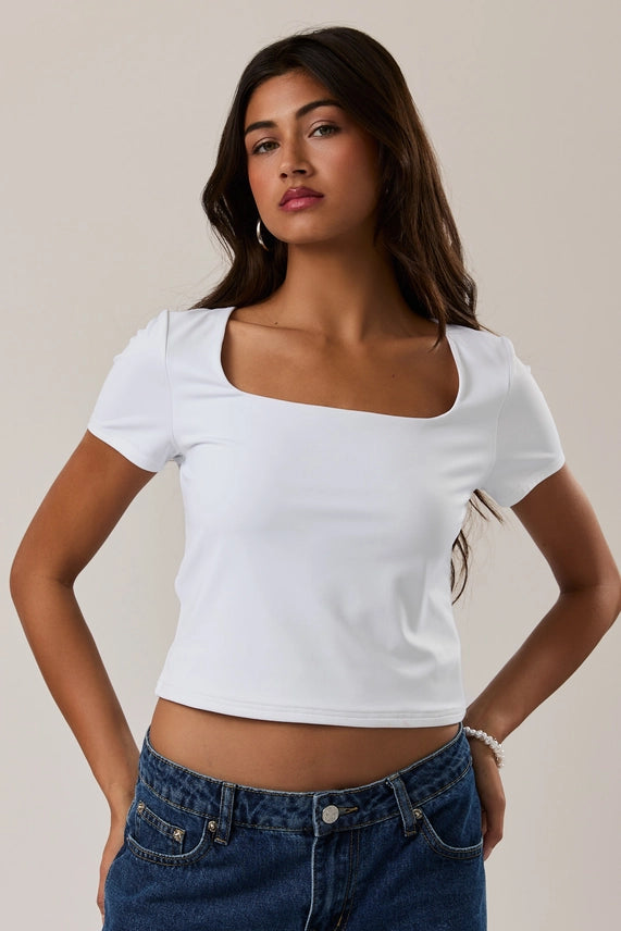 Easy Yes White Square Neck Fitted Short Sleeve Top