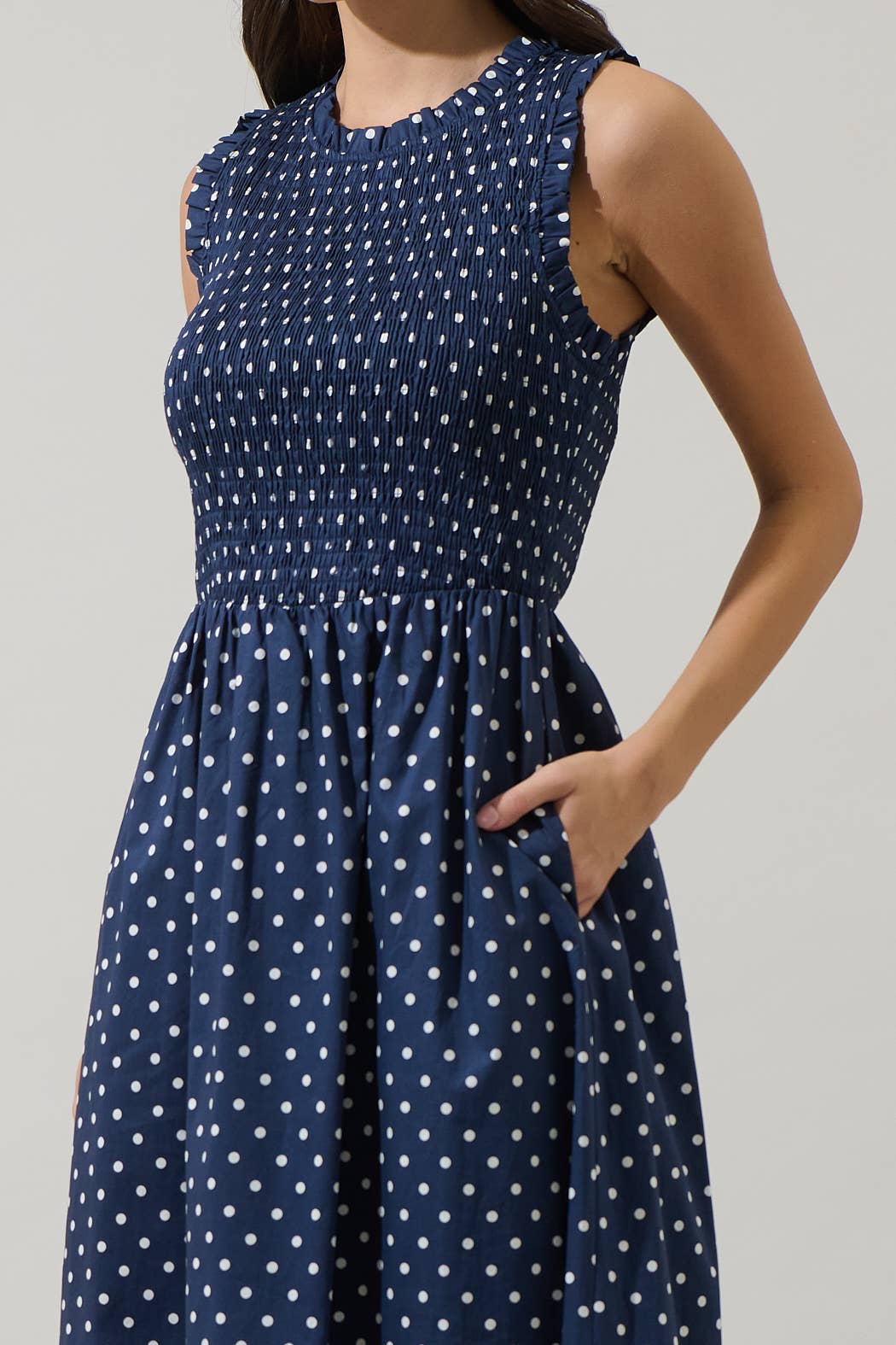 Too Pretty To Rush Navy Polka Dot Smocked Maxi Dress with Sleeveless Design