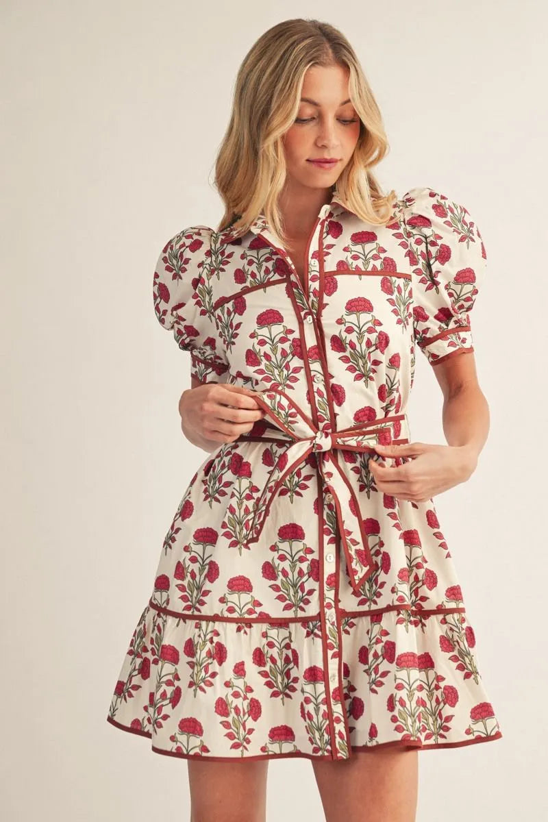 Petals & Promises Floral Print Collared Mini Dress with Puff Sleeves
