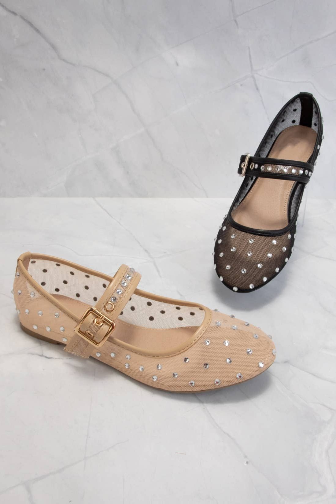 SF9868 RHINESTONE EMBELLISHED MESH MARY JANE FLATS