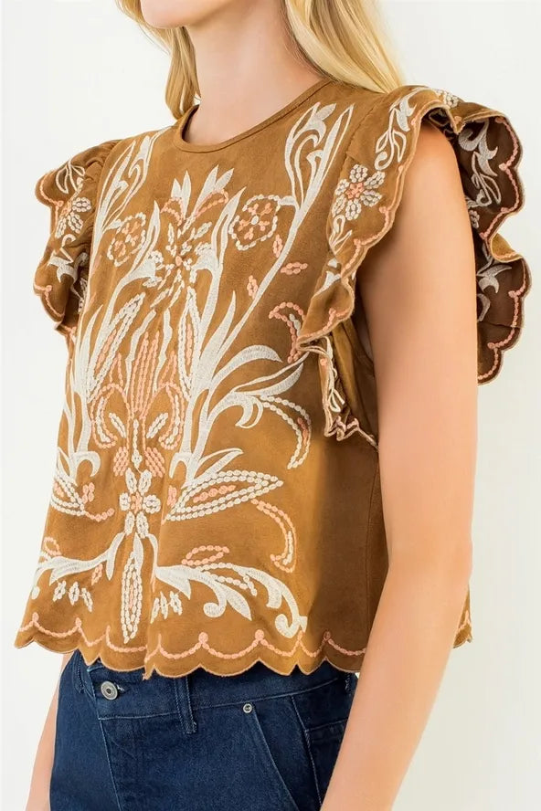 Stitch Perfect Floral Embroidered Ruffle Sleeve Top