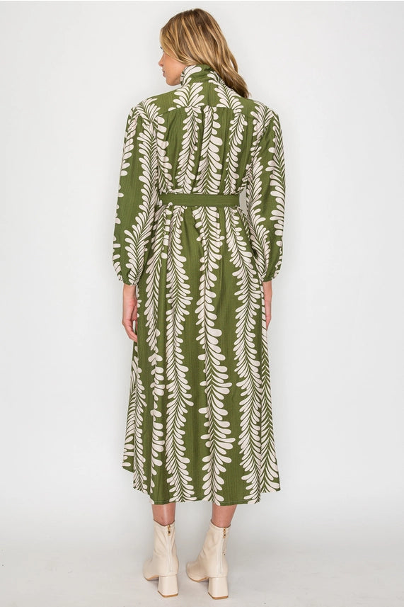 Leaf Your Mark Olive Green Leaf Print Mock Neck Belted Midi Dress