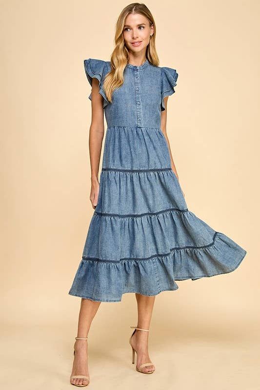 CD05229-Denim Button Down Ruffle Sleeves Midi Dress