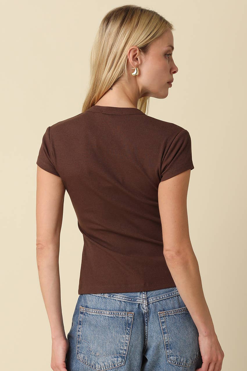 Daily Uniform Button Front Fitted Knit Top with Short Sleeves