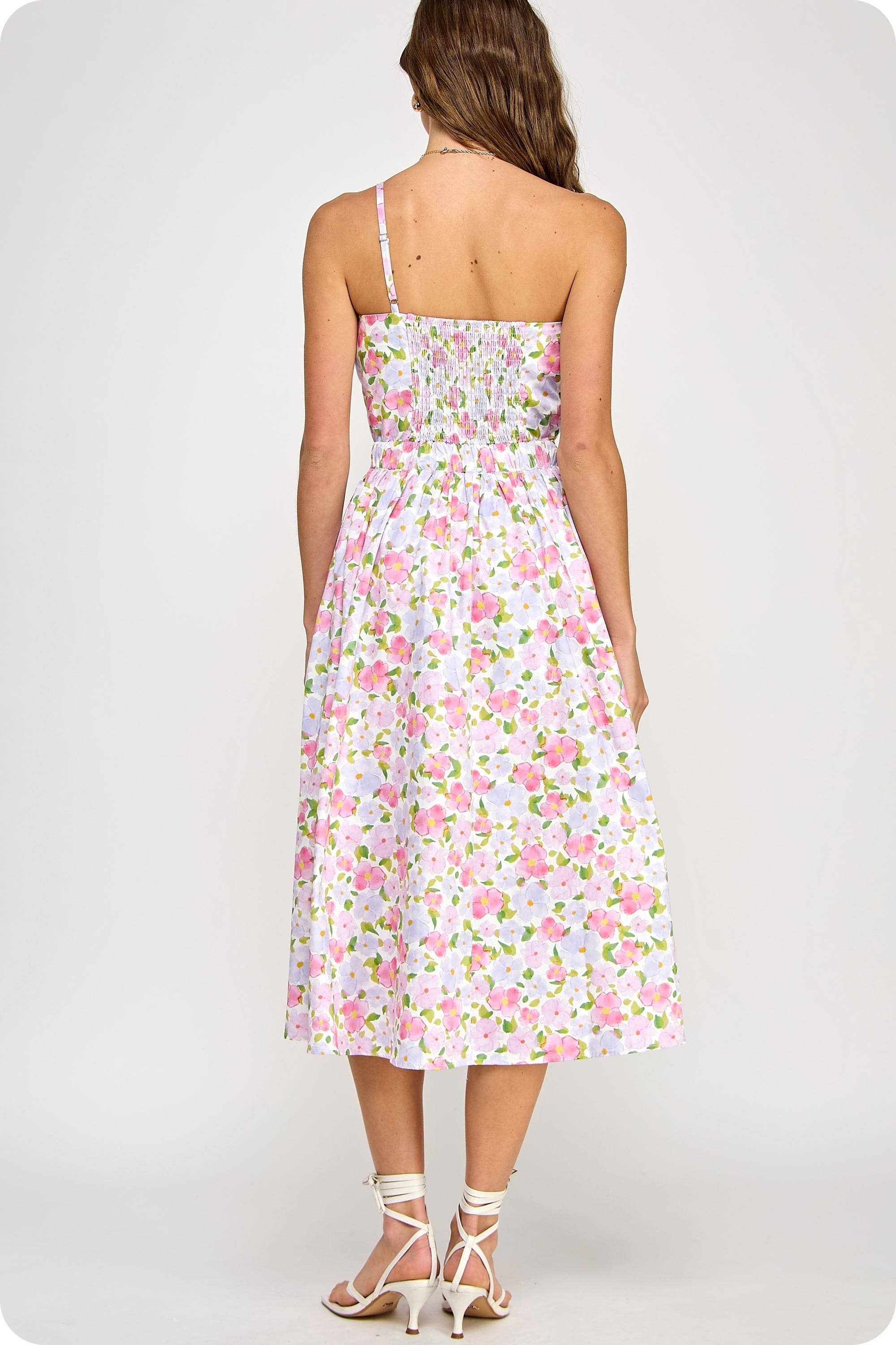 Knotted Flower Bow Floral Print Midi Dress