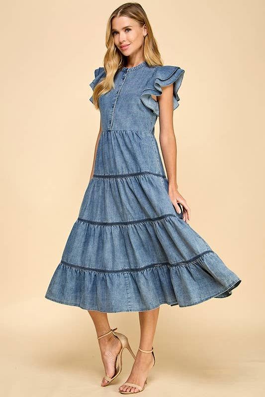 CD05229-Denim Button Down Ruffle Sleeves Midi Dress