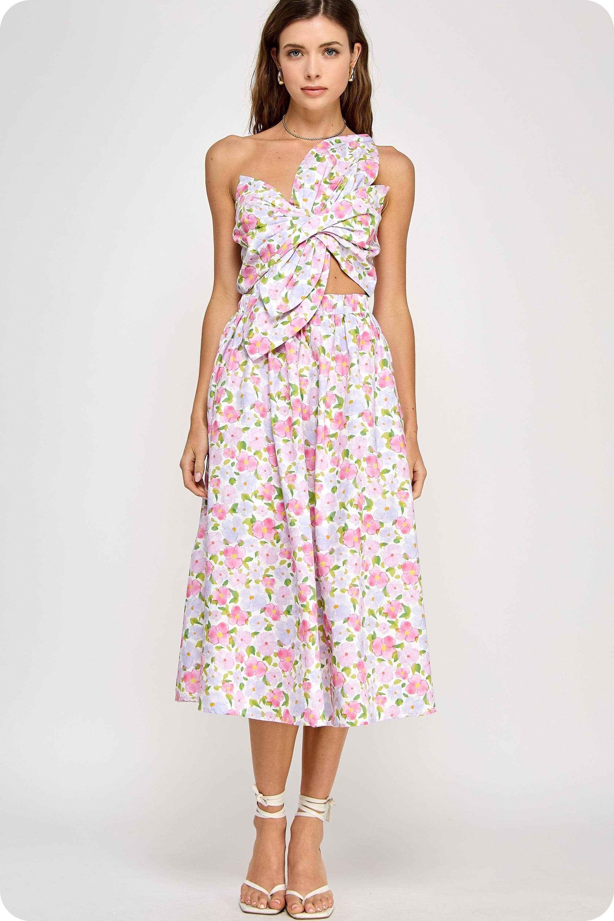 Knotted Flower Bow Floral Print Midi Dress