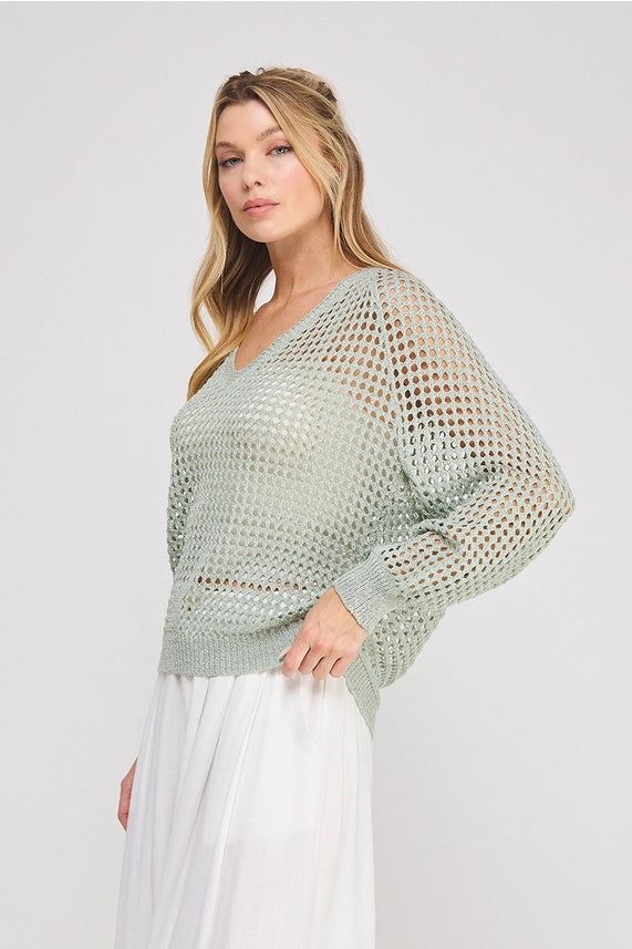 Textured Ease Sheer Knit Sweater Top with Long Sleeves and Breathable Open Stitch Design