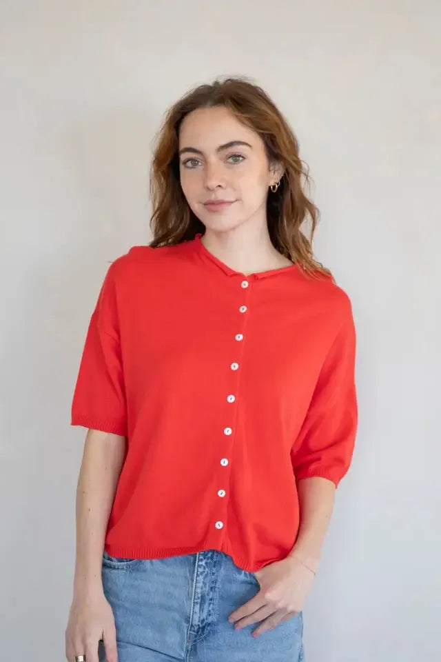 Matcha & Shopping Short Sleeve Knit Cardigan Sweater with Button Front