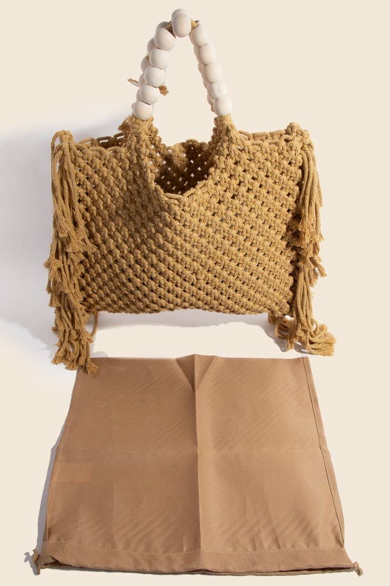Wooden Beaded Handle Braided Tote Bag