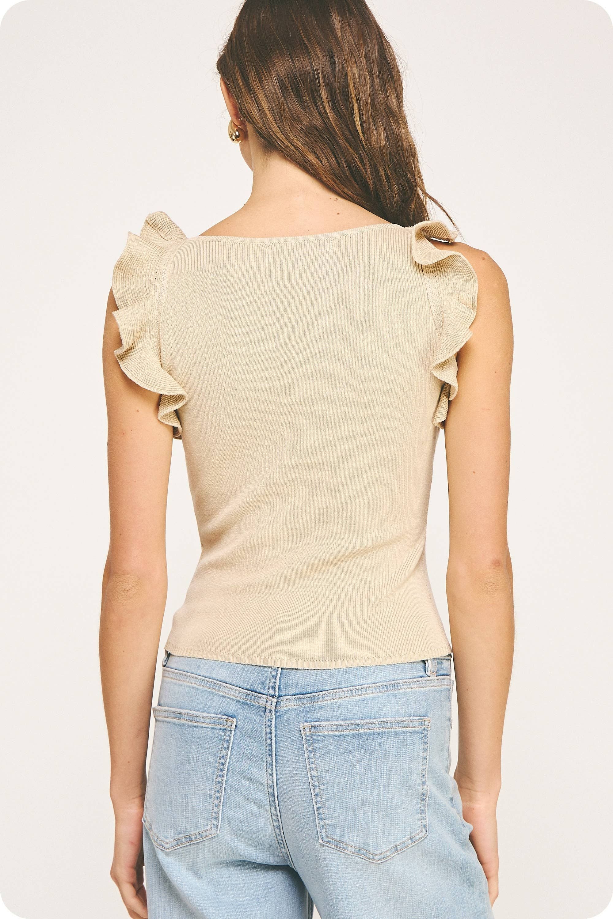 Ruffle Ribbed Knit Sleeveless Tank Top