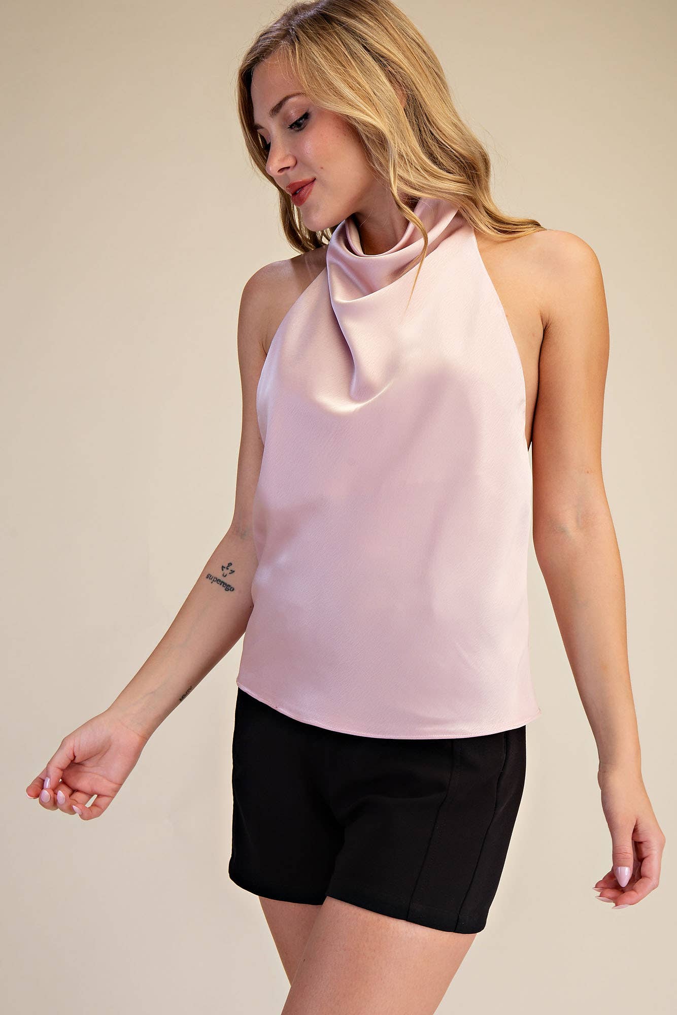 Draped Muse Elegant Draped Cowl Neck Halter Top Sleeveless Blouse