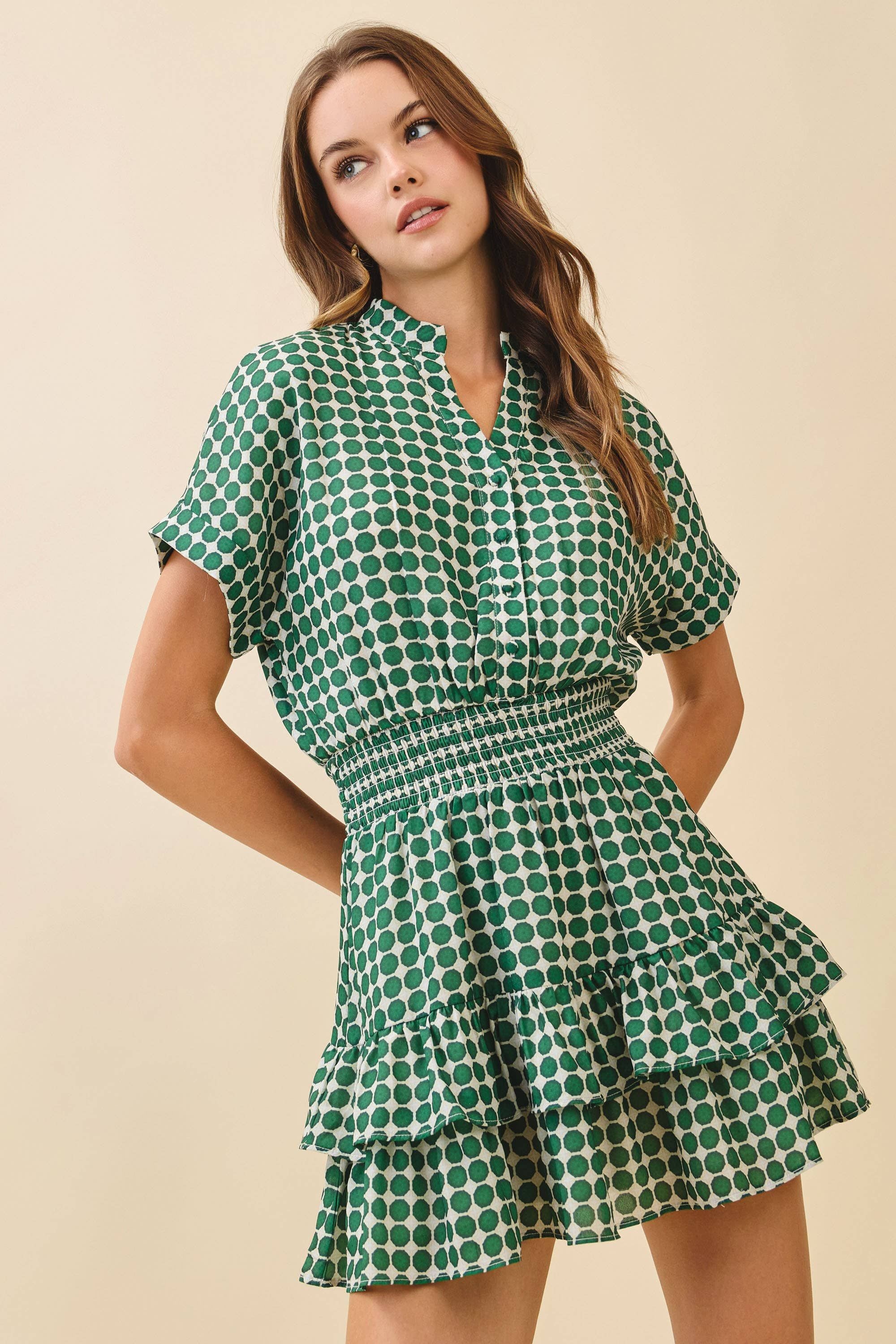 CD05991-Geometric Dot Print Short Cuffed Sleeves Dress