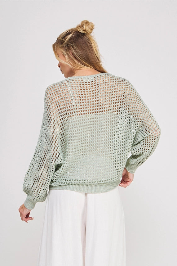Textured Ease Sheer Knit Sweater Top with Long Sleeves and Breathable Open Stitch Design