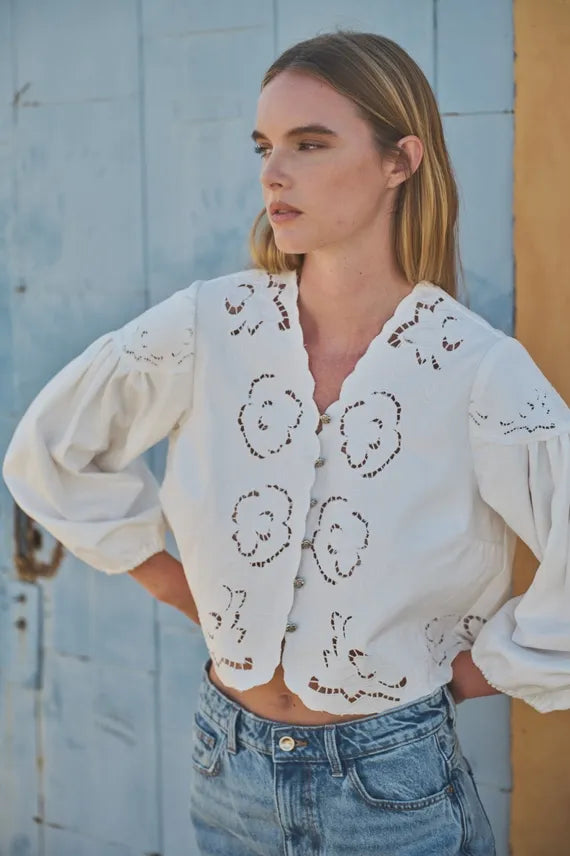 Eyelet It Be Embroidered Button Front Blouse