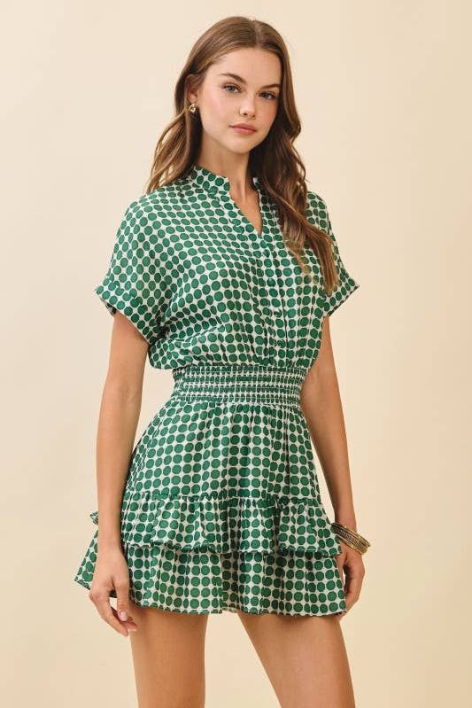 CD05991-Geometric Dot Print Short Cuffed Sleeves Dress