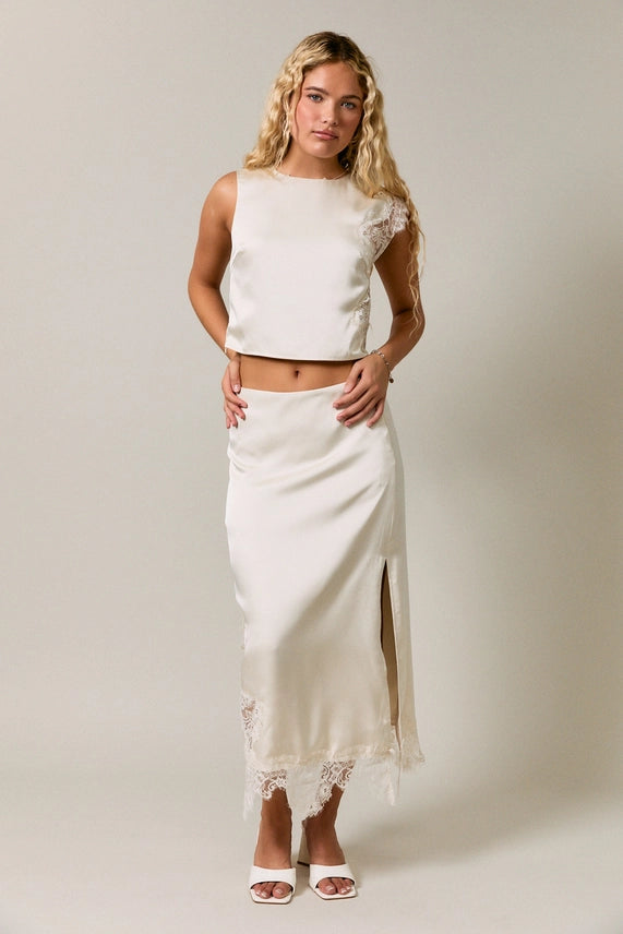 Champagne Lace Satin Midi Skirt with Lace Trim and Side Slit