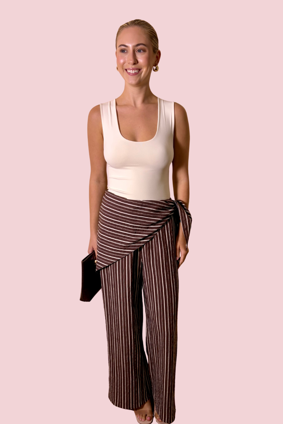 Tie It Your Way Brown Striped Wide Leg Pants with Convertible Tie Scarf