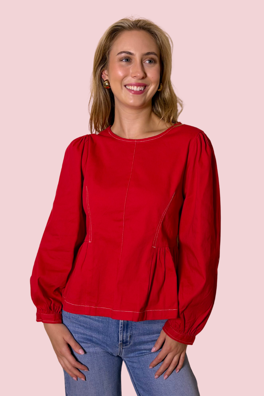 Red-y or Not Long Sleeve Contrast Stitch Top