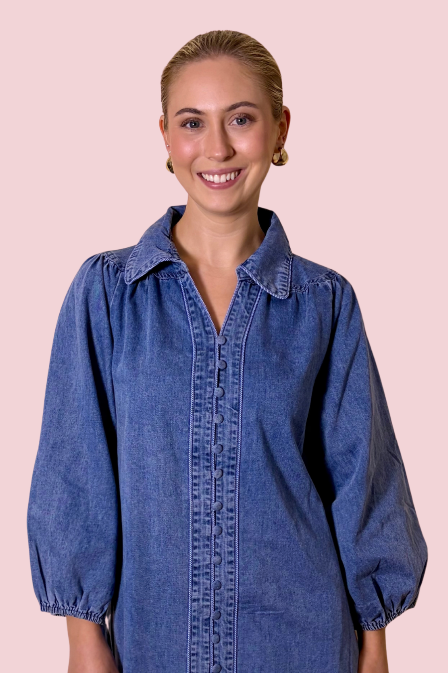 Denim Days Chambray Balloon Sleeve Mini Dress