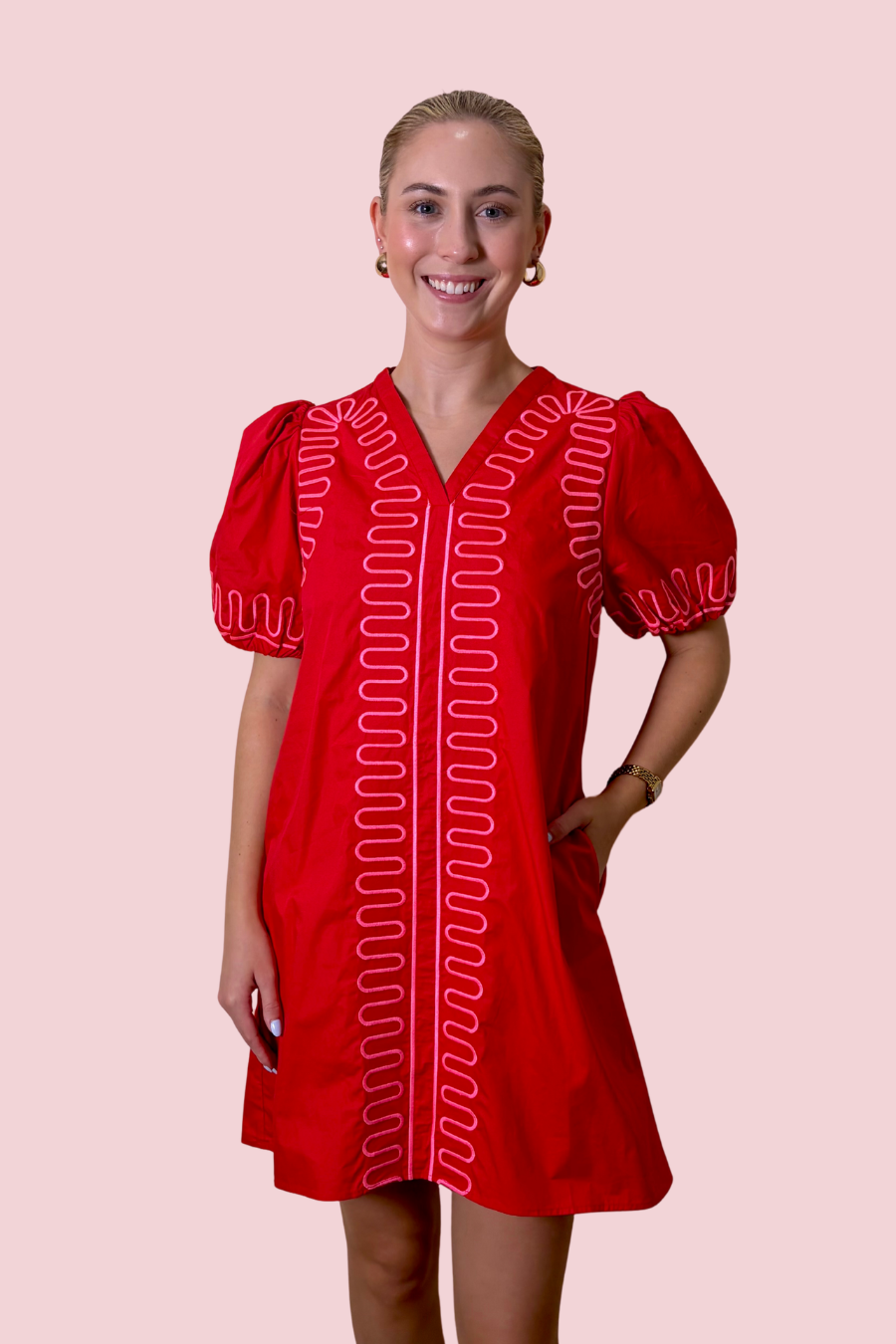 Stitched to Perfection Puff Sleeve Embroidered Shift Mini Dress with Contrast Trim