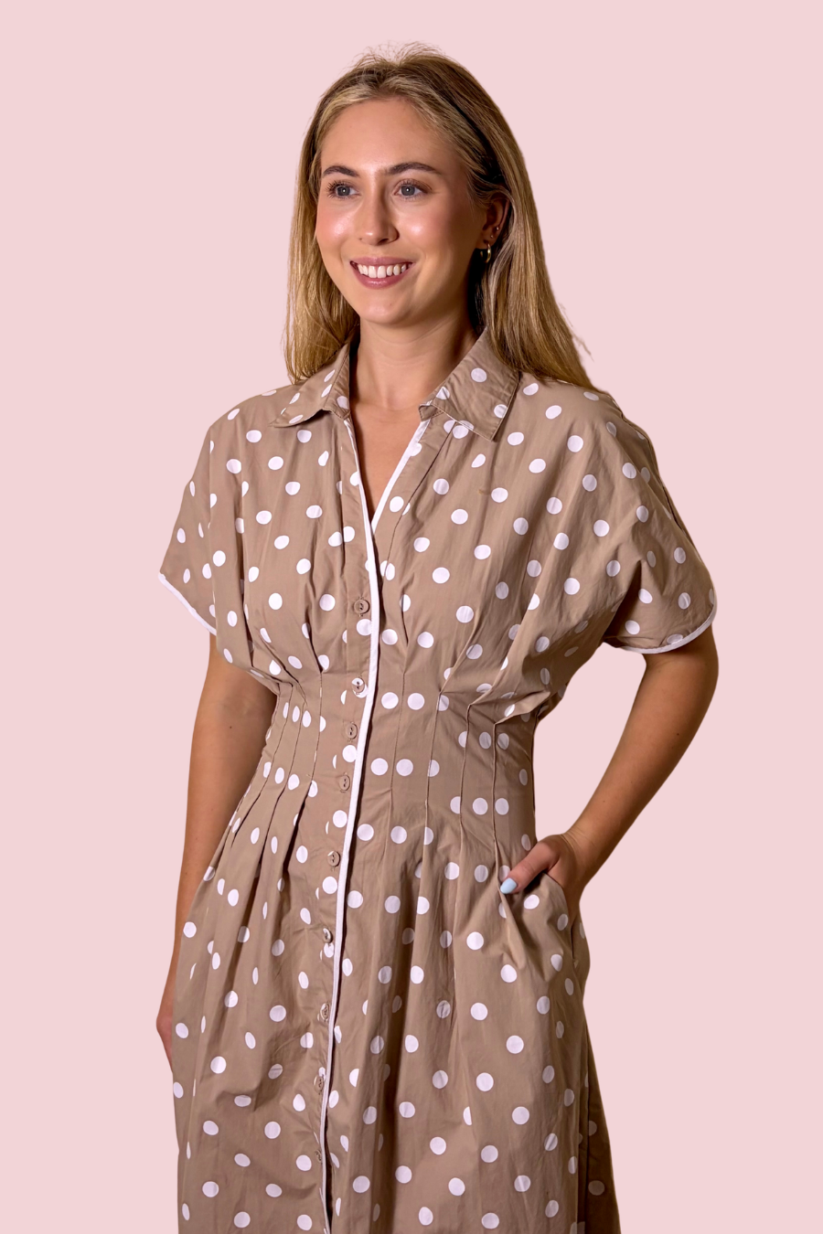 Dot Dot Polka Dot Button Front Collared Dress with Smocked Waist