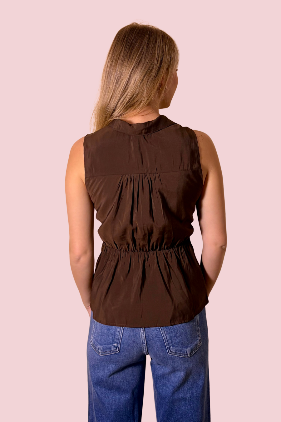 Cinch the Deal Sleeveless Collared Blouse with Tie Waist Bow and Flared Hem