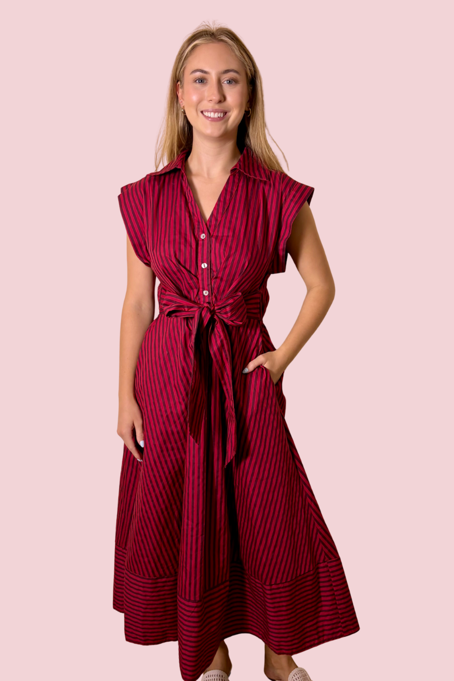 Pinstripe Promise Striped Tie Waist Midi Dress