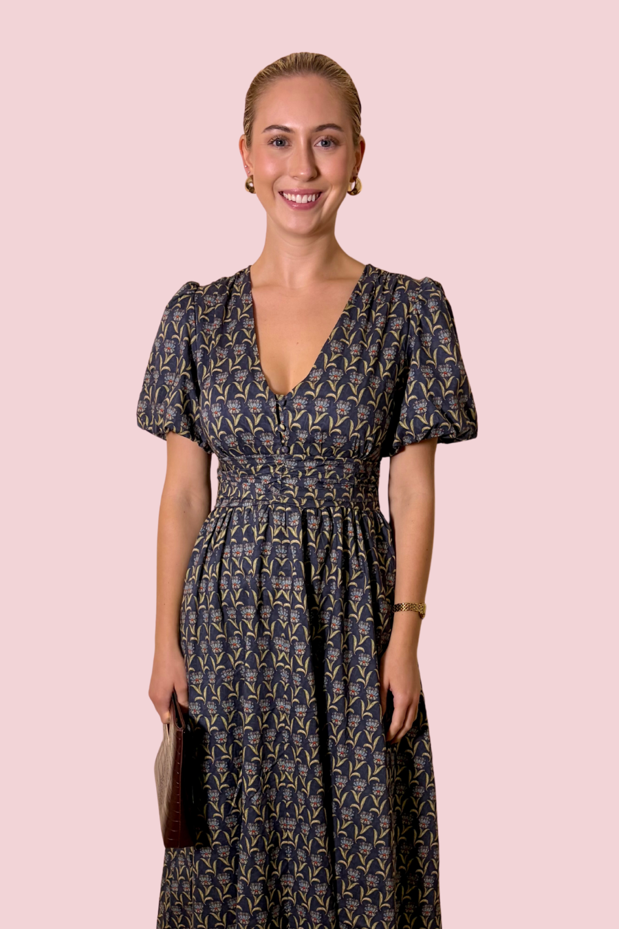 Some Like It Ruched Printed V-Neck Midi Dress with Puff Sleeves and Ruched Waist