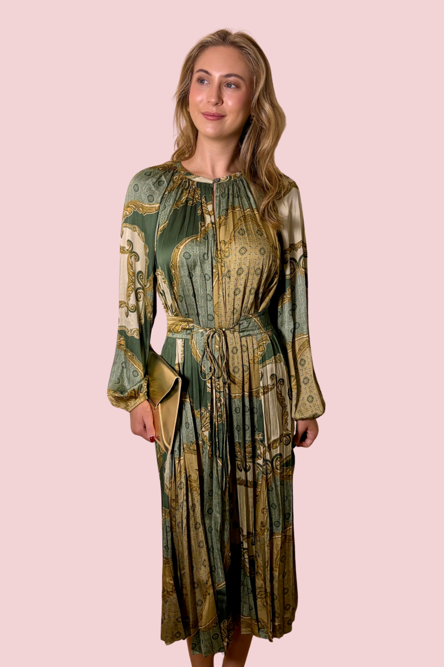 Pleat Me Halfway Long Sleeve Keyhole Neck Tie Waist Dress